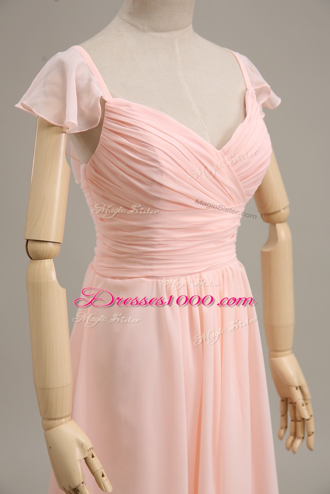 Customized Empire Formal Evening Gowns Pink Straps Chiffon Cap Sleeves Zipper