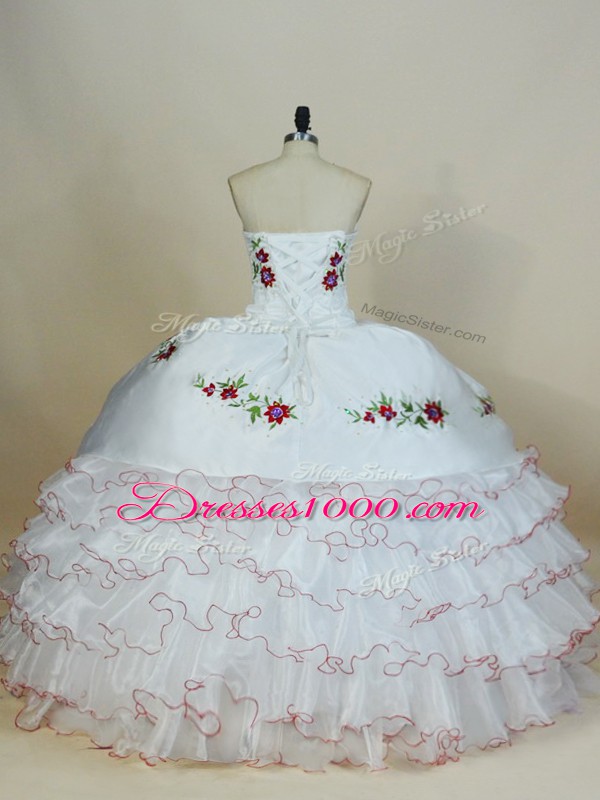 Luxurious White Lace Up Vestidos de Quinceanera Embroidery and Ruffled Layers Sleeveless Floor Length