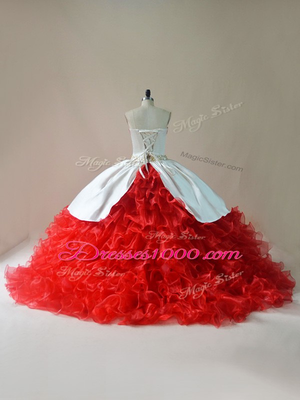 Popular White And Red Strapless Lace Up Embroidery and Ruffles Quince Ball Gowns Brush Train Sleeveless