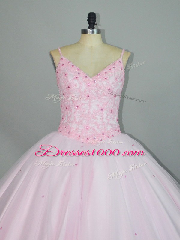 Luxurious Baby Pink Ball Gowns Tulle Straps Sleeveless Beading and Lace Floor Length Lace Up Sweet 16 Dress