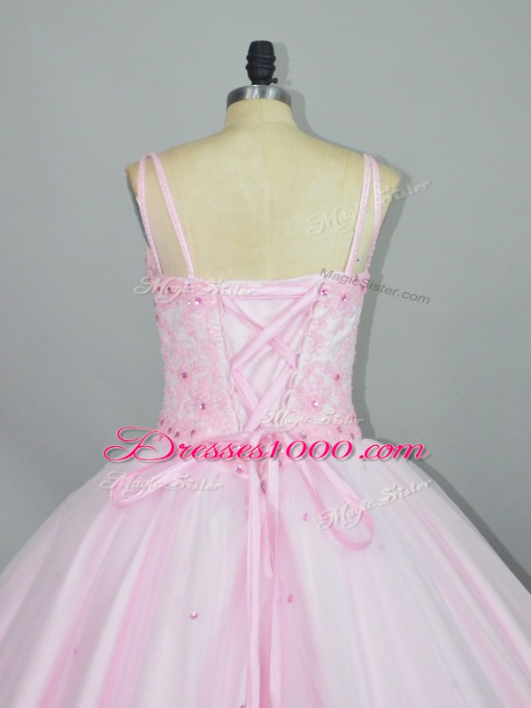 Luxurious Baby Pink Ball Gowns Tulle Straps Sleeveless Beading and Lace Floor Length Lace Up Sweet 16 Dress