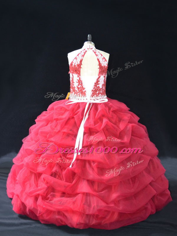 Halter Top Sleeveless Organza Quinceanera Gown Beading and Lace Backless