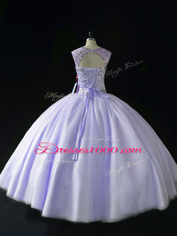 Cute Lavender Lace Up Ball Gown Prom Dress Beading Sleeveless Floor Length