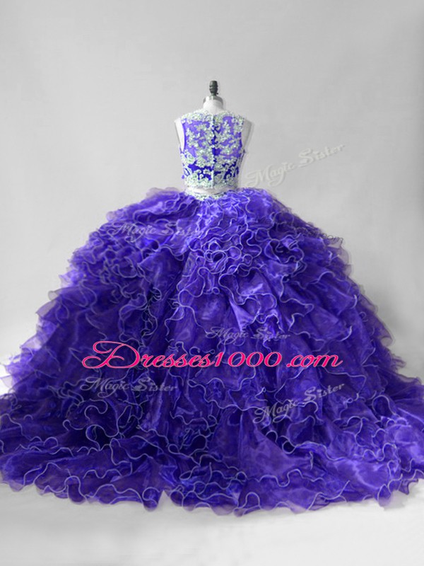 Purple Scoop Zipper Beading and Ruffles Quinceanera Dresses Brush Train Sleeveless