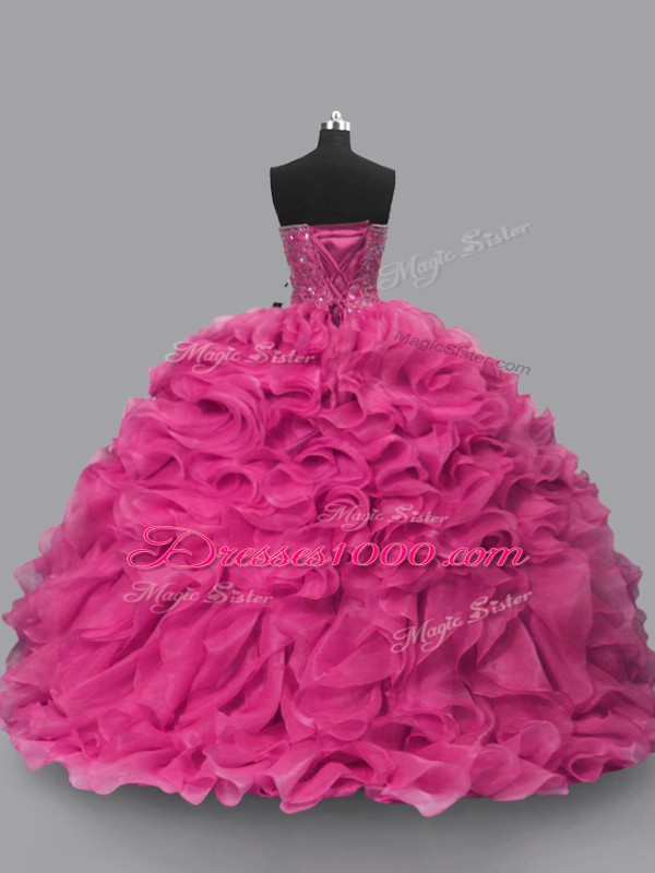Cheap Hot Pink Organza Lace Up Sweet 16 Dresses Sleeveless Floor Length Beading