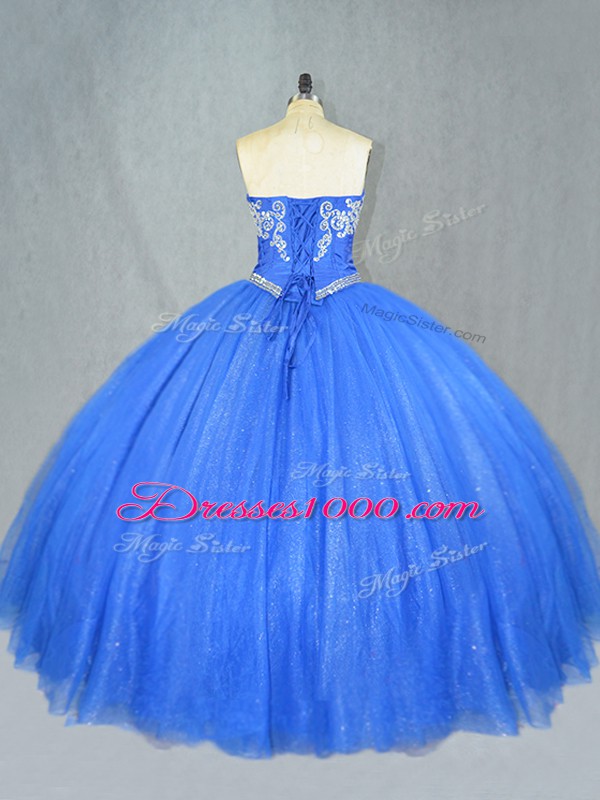 High Quality Blue Tulle Lace Up Quinceanera Gown Sleeveless Floor Length Beading
