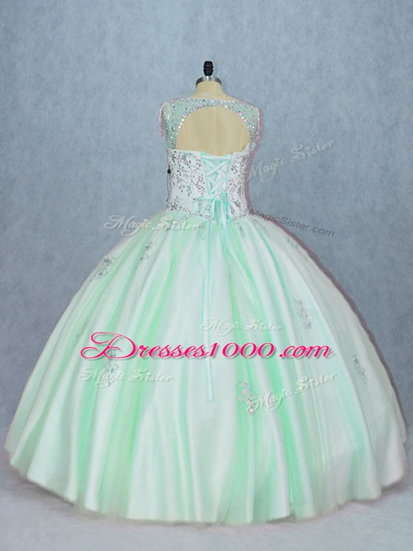 Fashion Apple Green Ball Gowns V-neck Sleeveless Tulle Floor Length Lace Up Beading and Appliques 15 Quinceanera Dress