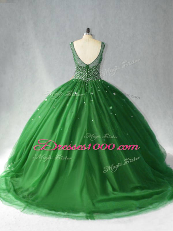 Discount Dark Green Tulle Zipper Scoop Sleeveless Quinceanera Gown Brush Train Beading