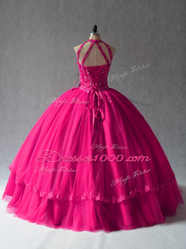 Floor Length Fuchsia 15 Quinceanera Dress Halter Top Sleeveless Lace Up
