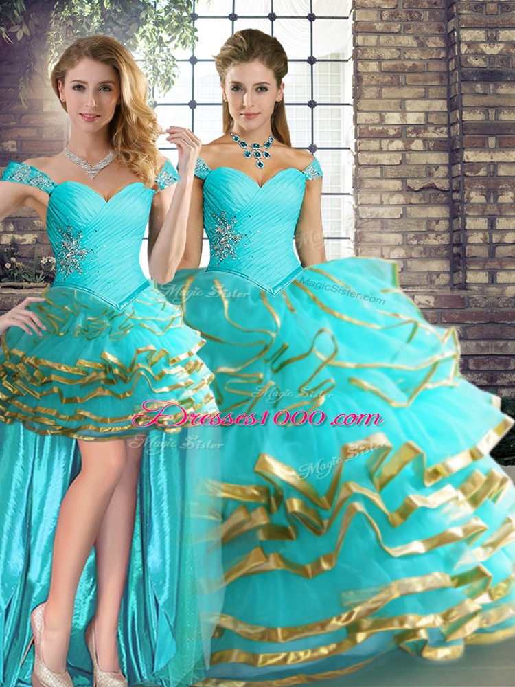 Tulle Off The Shoulder Sleeveless Lace Up Beading and Ruffled Layers 15th Birthday Dress in Aqua Blue