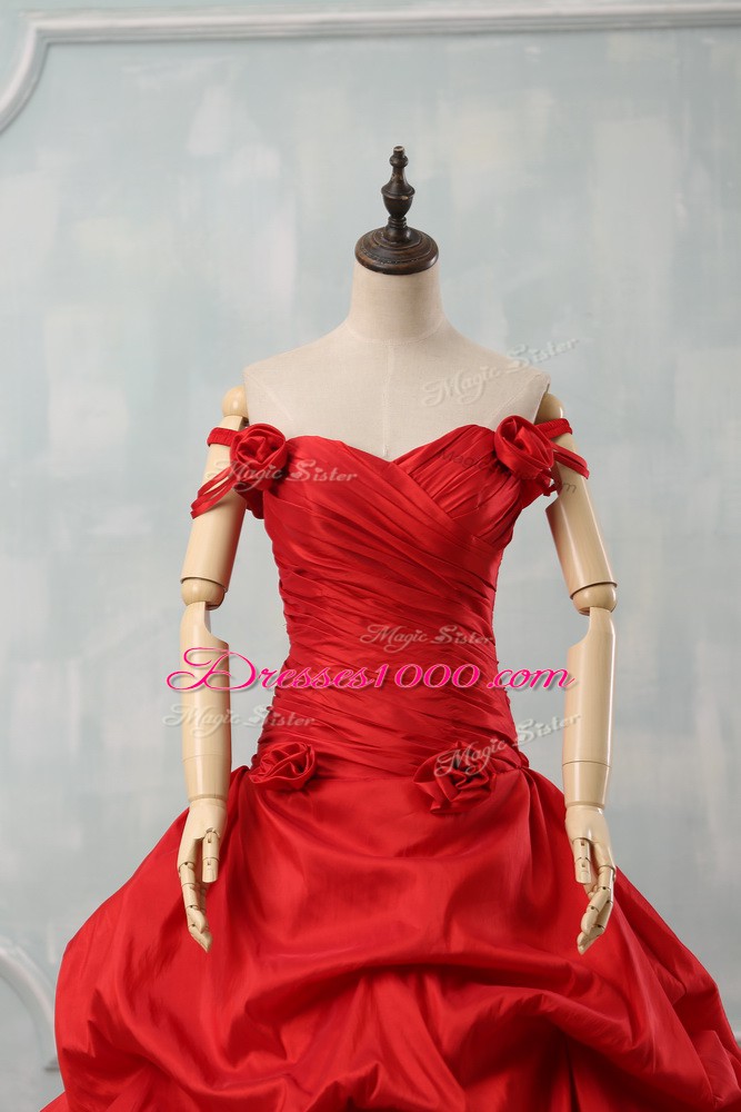 Deluxe Red Taffeta Lace Up Quinceanera Dresses Sleeveless Court Train Pick Ups and Hand Made Flower