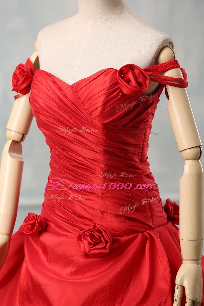 Deluxe Red Taffeta Lace Up Quinceanera Dresses Sleeveless Court Train Pick Ups and Hand Made Flower