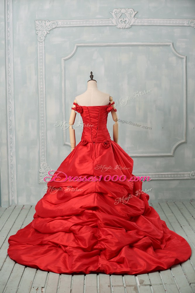 Deluxe Red Taffeta Lace Up Quinceanera Dresses Sleeveless Court Train Pick Ups and Hand Made Flower