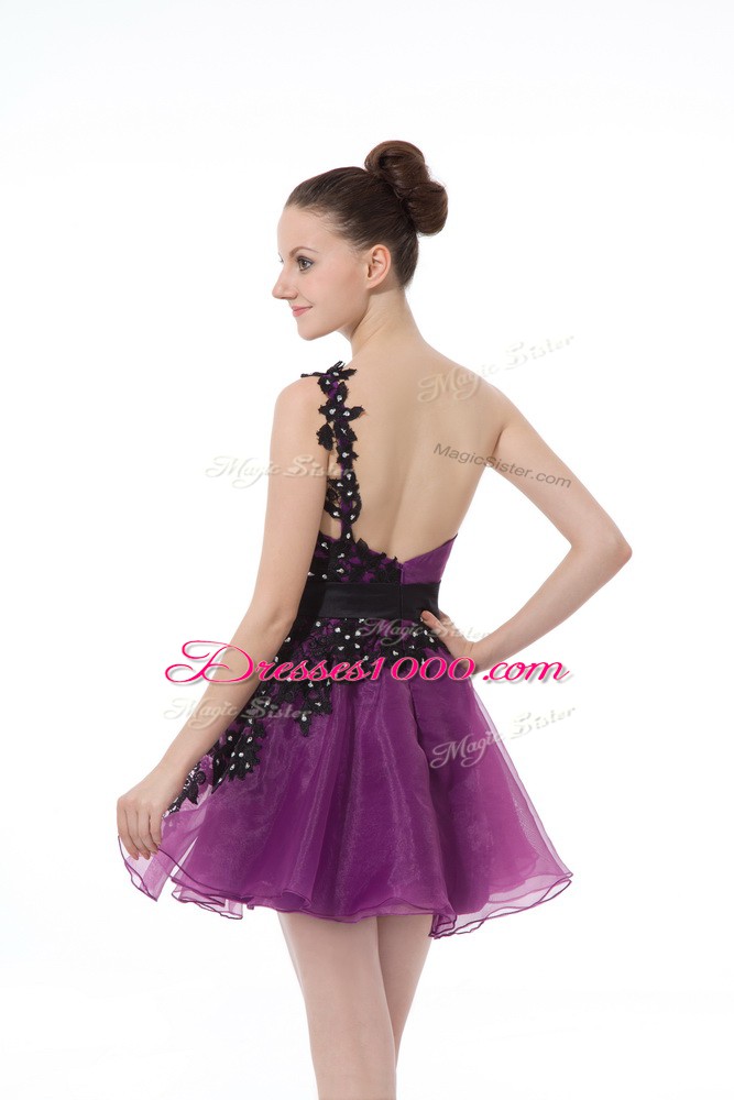 One Shoulder Sleeveless Organza Dress for Prom Beading and Lace and Appliques Zipper