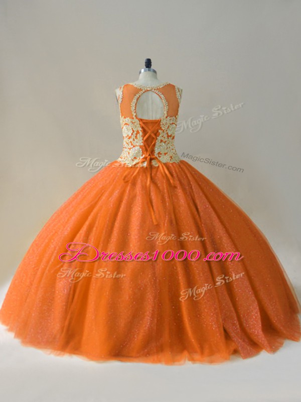 Suitable Orange Sleeveless Beading and Appliques Floor Length Quinceanera Gown