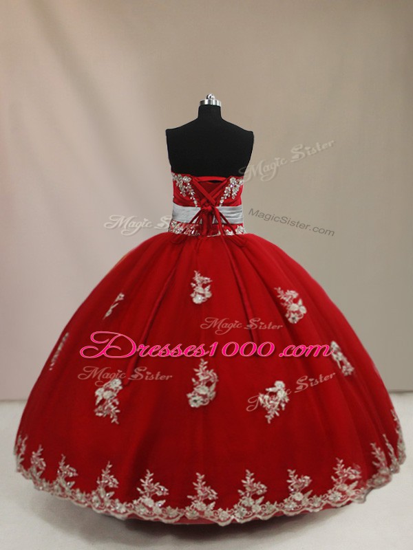 Best Strapless Sleeveless Lace Up Sweet 16 Dress Red Tulle