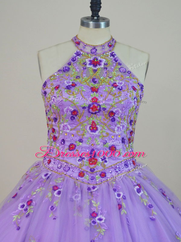 Lavender Ball Gowns Beading and Embroidery Ball Gown Prom Dress Lace Up Tulle Sleeveless