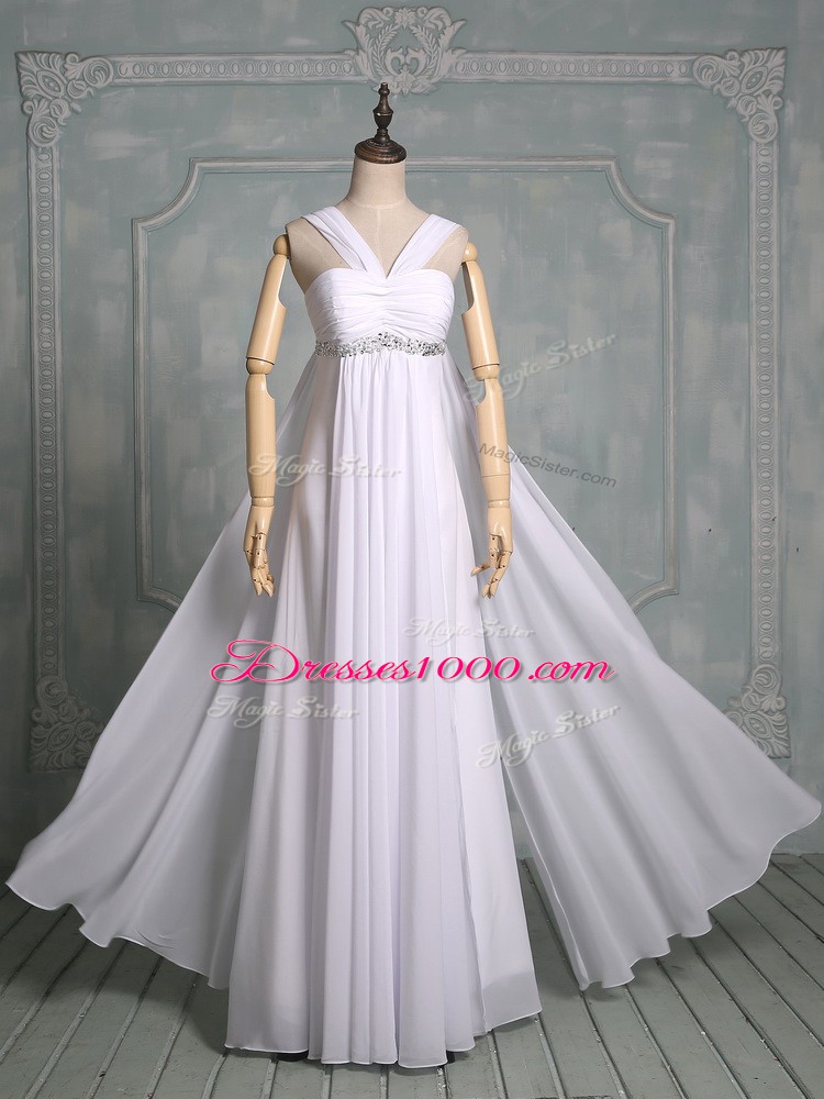 Hot Selling White Straps Neckline Beading and Ruching Evening Wear Sleeveless Zipper