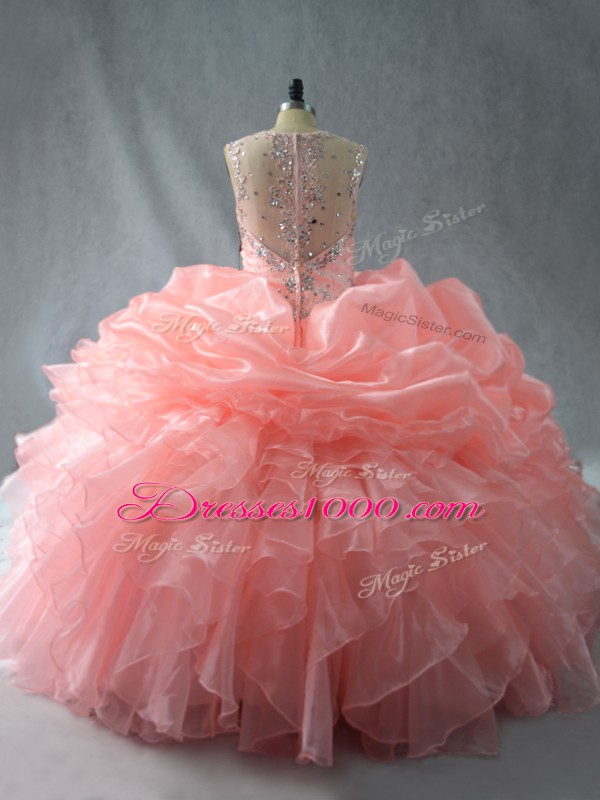 Super Peach Zipper Straps Beading and Ruffles and Pick Ups Quinceanera Dress Organza Sleeveless