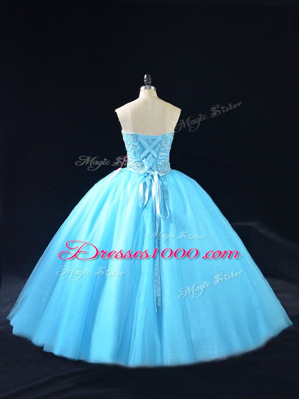 Deluxe Tulle Sweetheart Sleeveless Lace Up Beading Vestidos de Quinceanera in Baby Blue