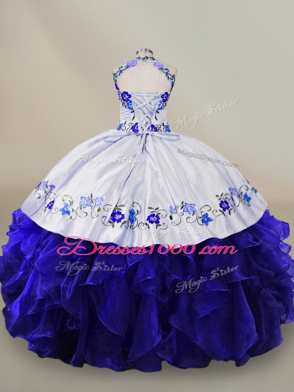Blue And White Lace Up Halter Top Embroidery and Ruffles Ball Gown Prom Dress Organza Sleeveless