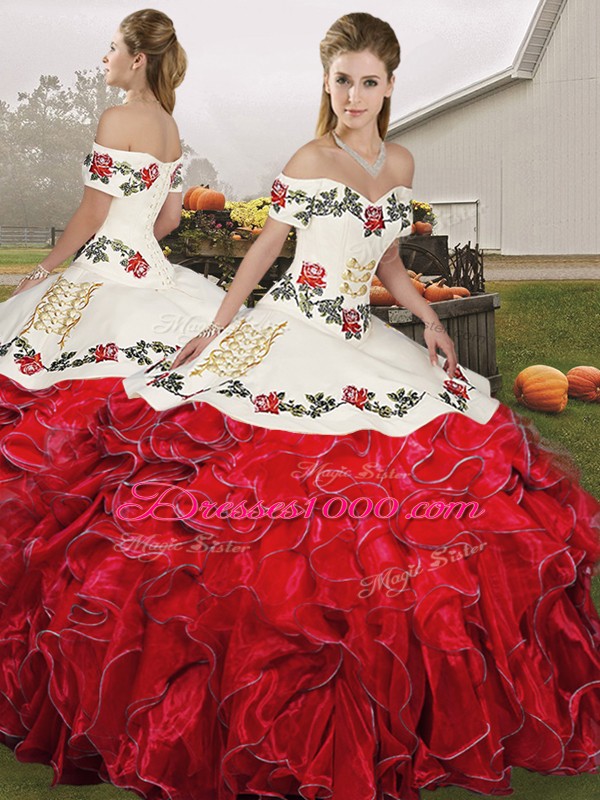 White And Red Off The Shoulder Lace Up Embroidery and Ruffles Sweet 16 Dress Sleeveless