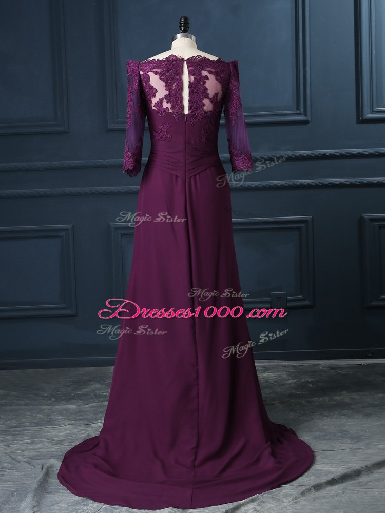 Scalloped Sleeveless Brush Train Zipper Prom Dress Purple Chiffon