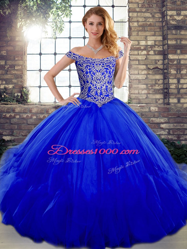 Royal Blue Sleeveless Tulle Lace Up 15th Birthday Dress for Military Ball and Sweet 16 and Quinceanera