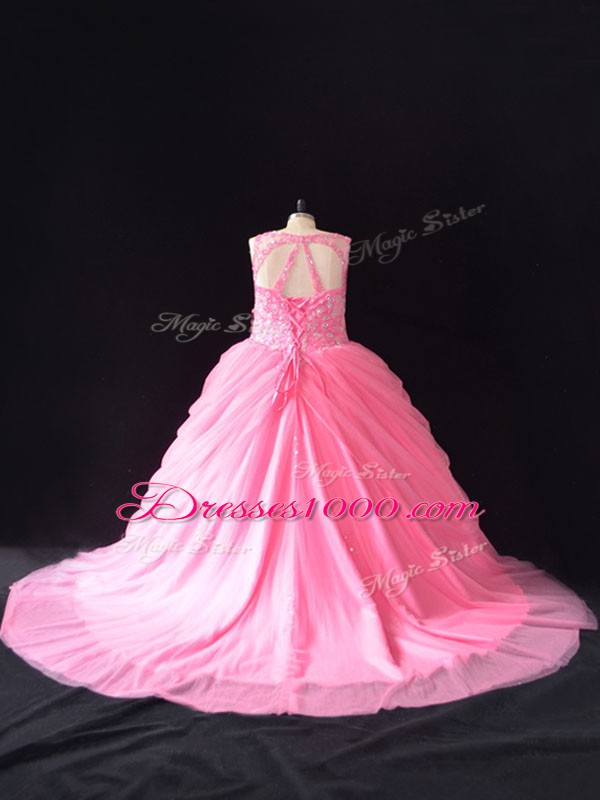 Deluxe Rose Pink Sleeveless Beading Lace Up Quince Ball Gowns