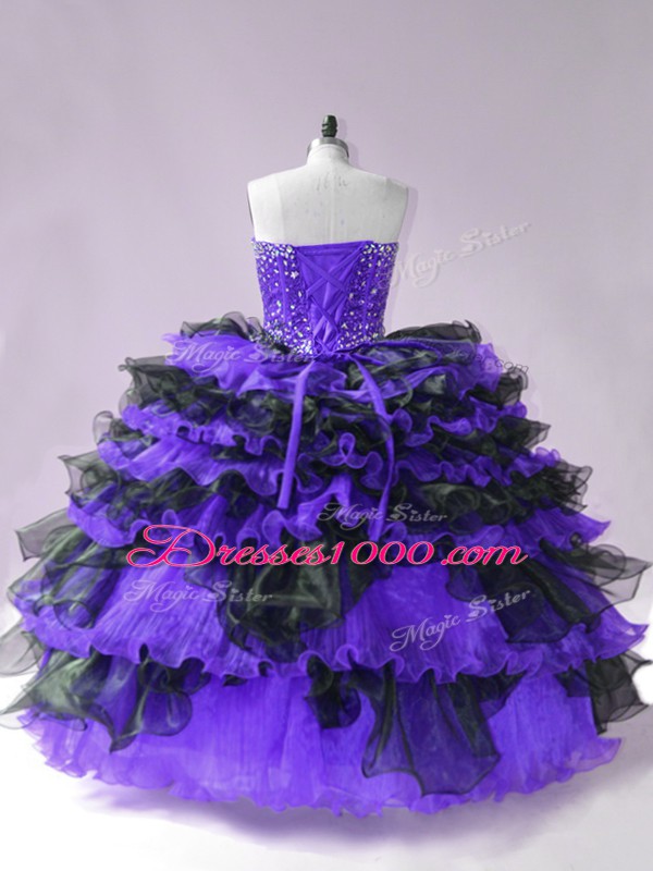 Captivating Black And Purple Lace Up Sweet 16 Dress Beading and Ruffled Layers Sleeveless Floor Length
