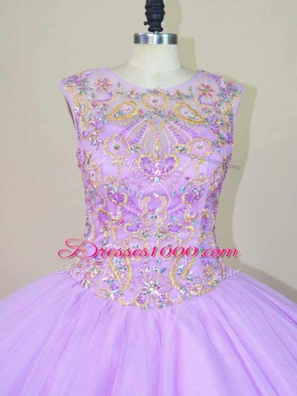 Lavender Ball Gowns Beading Sweet 16 Quinceanera Dress Lace Up Tulle Sleeveless Floor Length