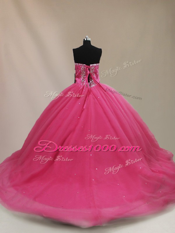 Clearance Sleeveless Court Train Beading Lace Up Ball Gown Prom Dress
