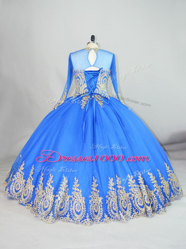 Top Selling Blue Ball Gowns Tulle High-neck Long Sleeves Beading and Appliques Floor Length Lace Up Sweet 16 Dress