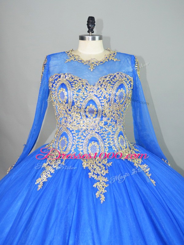 Top Selling Blue Ball Gowns Tulle High-neck Long Sleeves Beading and Appliques Floor Length Lace Up Sweet 16 Dress