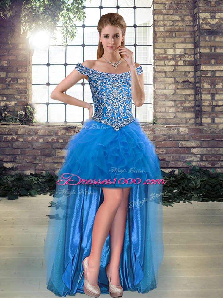 Blue Sleeveless Brush Train Beading and Ruffles 15th Birthday Dress