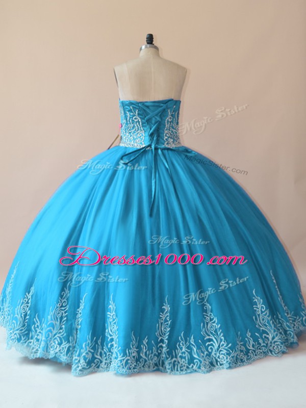 Custom Fit Tulle Sweetheart Sleeveless Lace Up Embroidery Ball Gown Prom Dress in Baby Blue