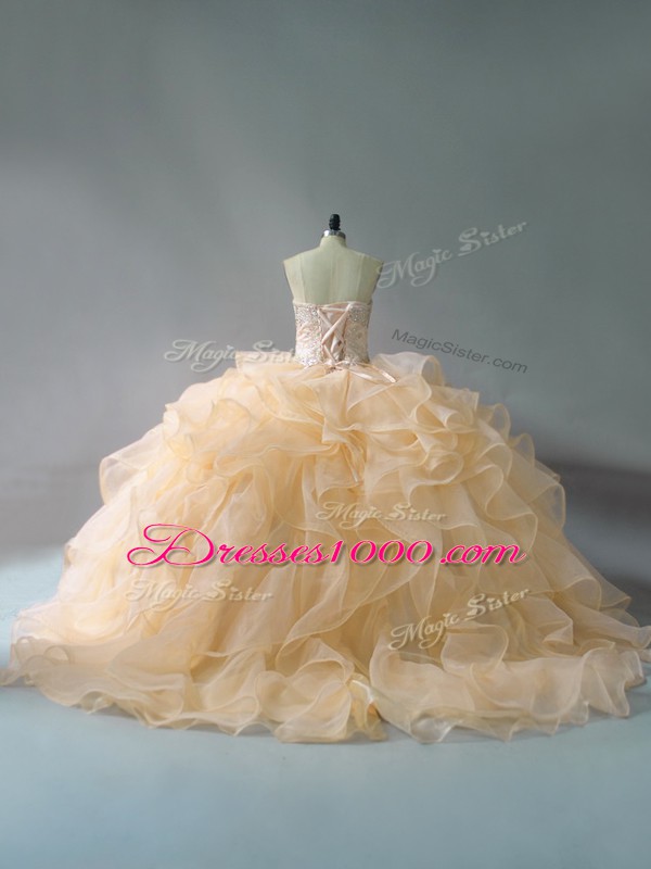 Sweetheart Sleeveless Brush Train Lace Up Vestidos de Quinceanera Gold Organza
