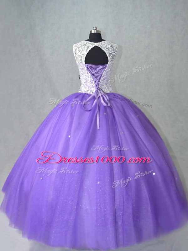 Lavender Tulle Lace Up Quinceanera Dress Sleeveless Floor Length Lace