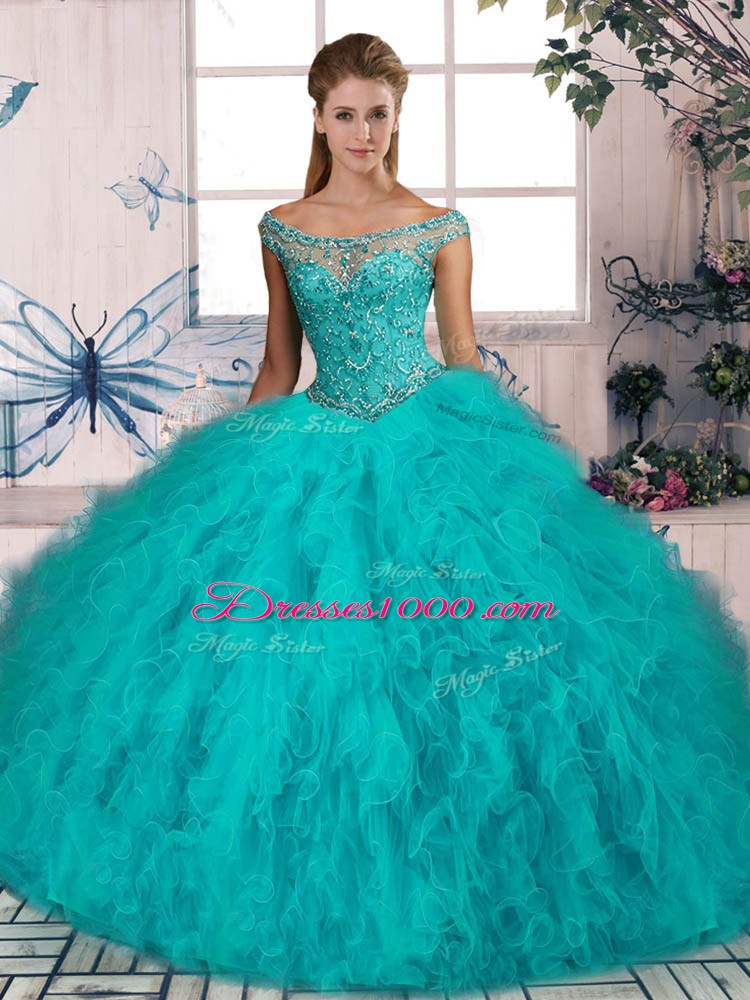 Best Selling Off The Shoulder Sleeveless Tulle Vestidos de Quinceanera Beading and Ruffles Brush Train Lace Up