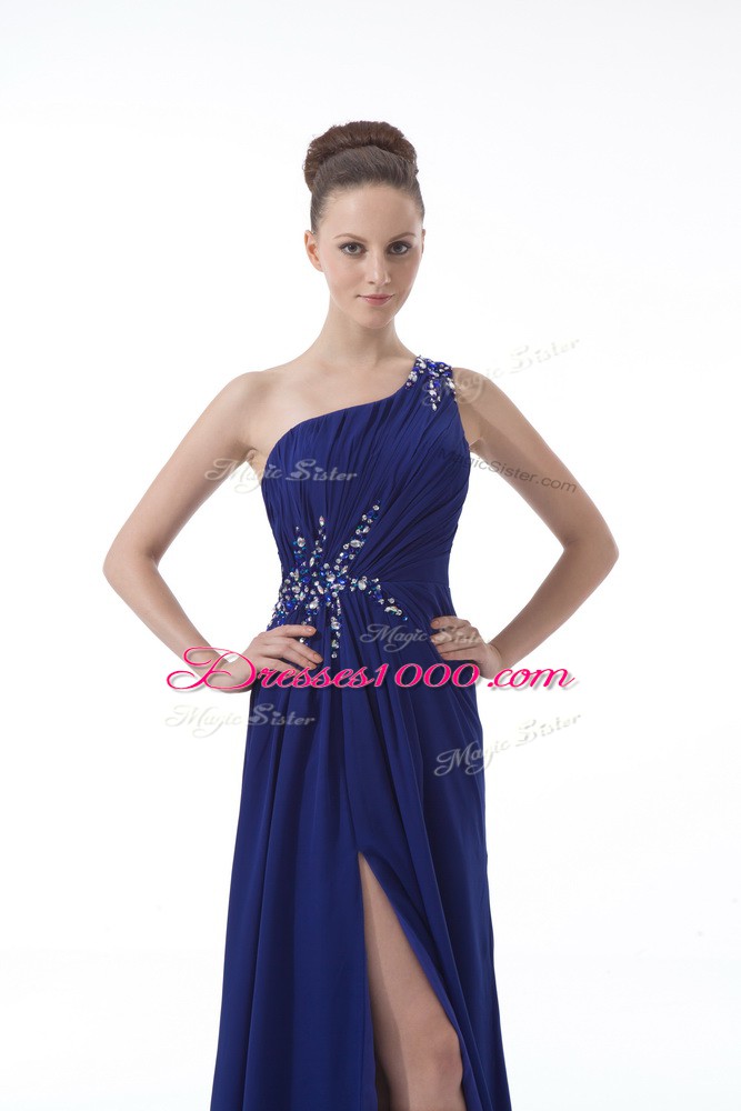 Royal Blue Backless Juniors Evening Dress Beading and Ruching Sleeveless Floor Length