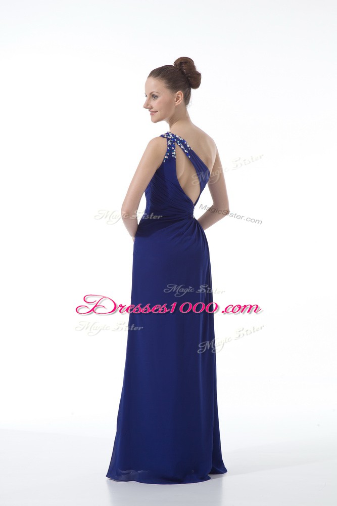 Royal Blue Backless Juniors Evening Dress Beading and Ruching Sleeveless Floor Length