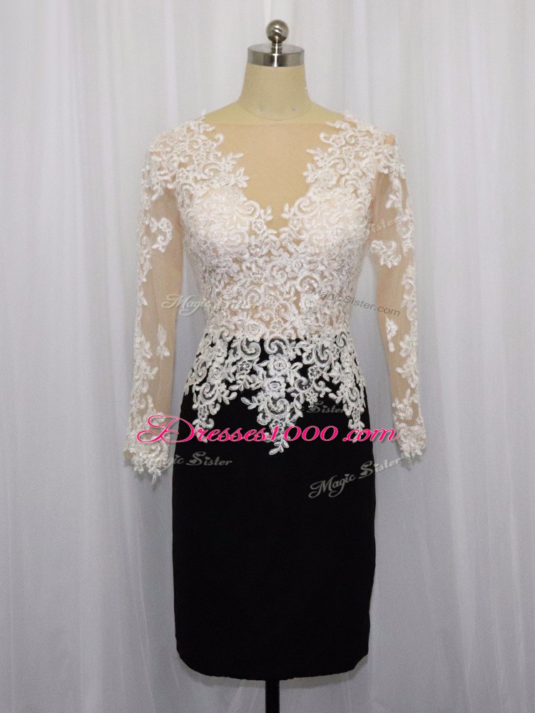 White And Black Satin Zipper Prom Party Dress Long Sleeves Mini Length Lace