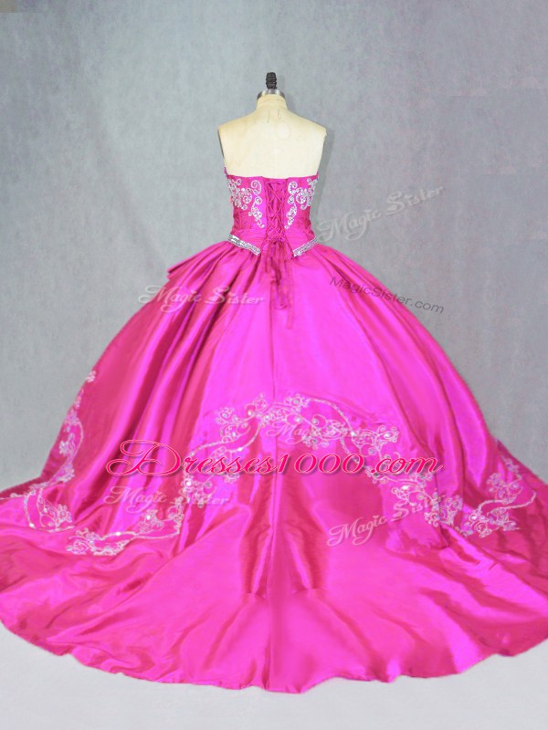 Stunning Satin and Tulle Sleeveless Sweet 16 Dress Court Train and Beading and Embroidery
