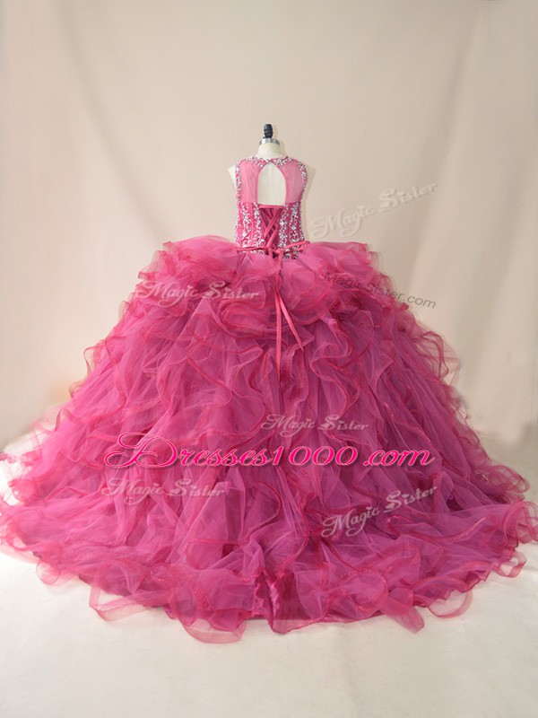 Luxury Tulle Sleeveless Ball Gown Prom Dress Brush Train and Beading and Ruffles