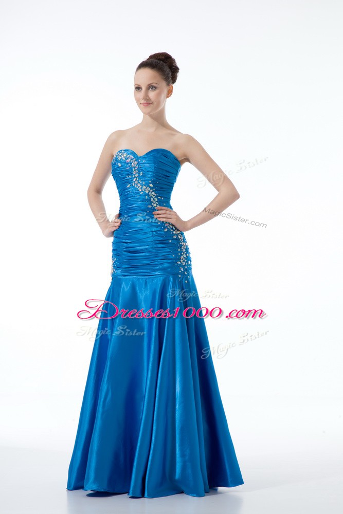 Sleeveless Floor Length Zipper Evening Dresses in Blue with Beading and Ruching
