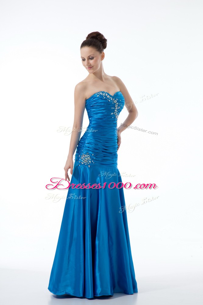 Sleeveless Floor Length Zipper Evening Dresses in Blue with Beading and Ruching