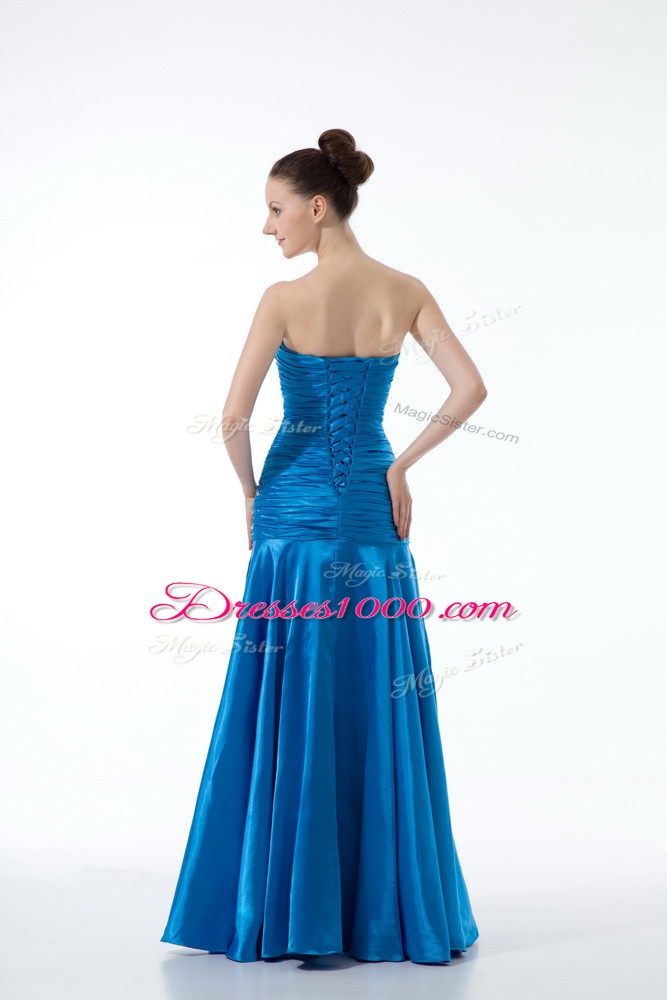 Sleeveless Floor Length Zipper Evening Dresses in Blue with Beading and Ruching