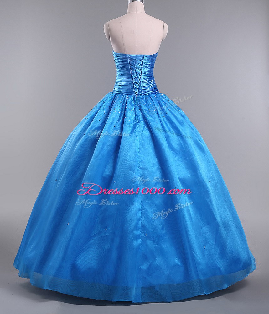 Strapless Sleeveless Lace Up Quinceanera Gown Blue Organza