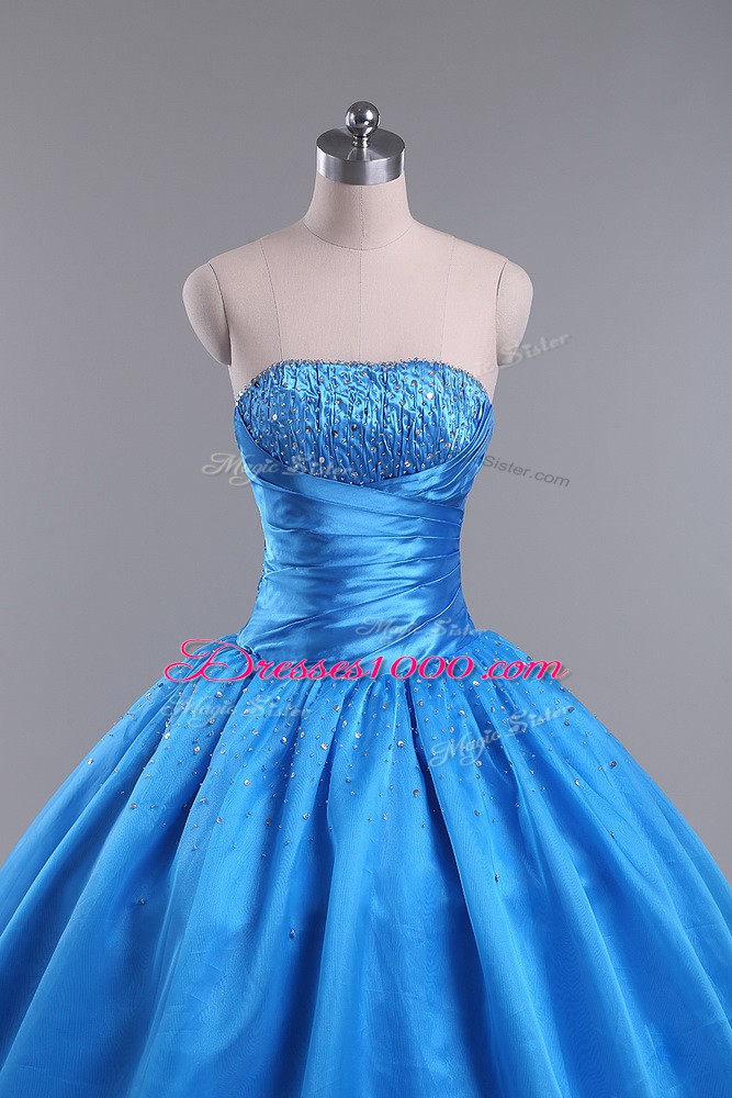 Strapless Sleeveless Lace Up Quinceanera Gown Blue Organza