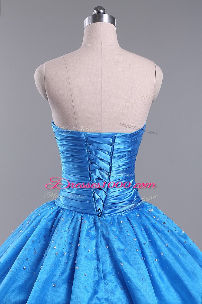 Strapless Sleeveless Lace Up Quinceanera Gown Blue Organza